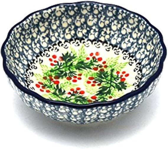 Polish Pottery Bowl - Shallow Scalloped - Small - Holly Berry