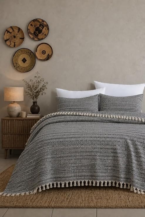 King Size Dokuma Pike Takımı 240x260 cm 2 Yastık Kılıflı Saçak Detaylı Örtü Seti Gri