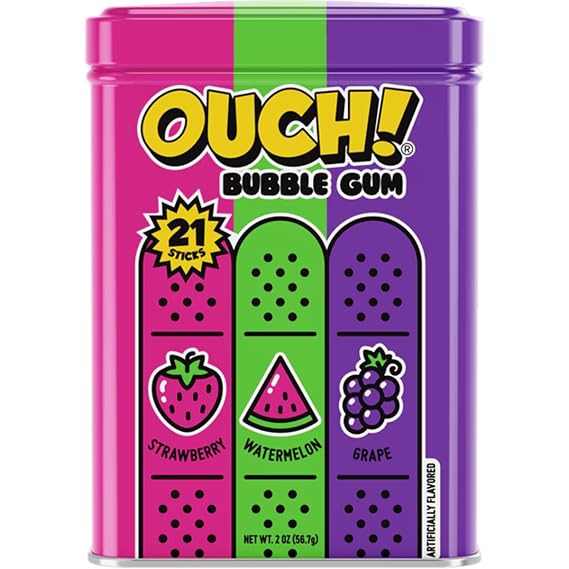Ouch Bubble Gum Variety Pack, Watermelon, Strawberry, Grape Flavors, 21 Pieces, Metal Tin,#39;90s Retro Candy