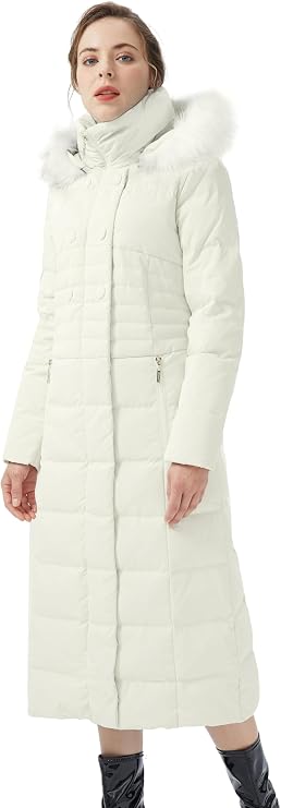 Orolay Women Warm Down Jacket with Hood Fur Long Puffer Coat Brown