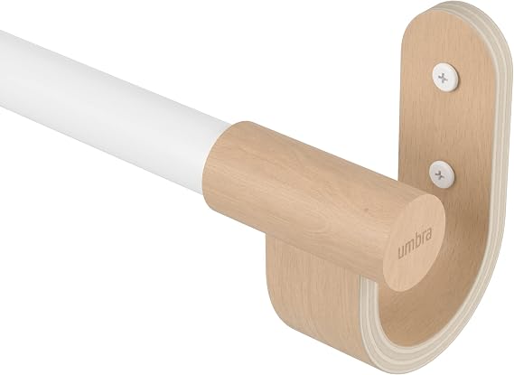 Umbra Bellwood Curtain Rod, Adjustable, 42 to 120 Inches, White/Natural | Steel and wood construction, supports up to 22 lbs, includes mounting hardware, fits wide range of windows
