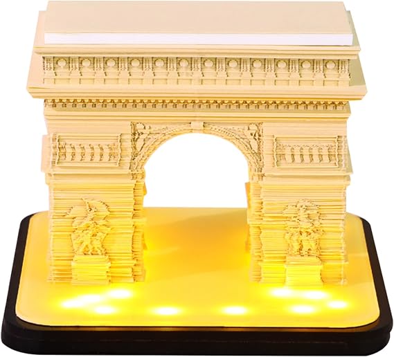 3D Calendar 2026, Arc de Triomphe Time Piece Calendar 2026, Daily Tear-Off Memo Pad with LED Light, Paper Carving Desktop Decoration, 3D Art Calendar Memo Pad,Unique Holiday Craft Gift