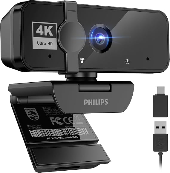 PHILIPS 4K Webcam for PC with Microphone, Computer Camera for Meetings | Plug & Play USB Web cam with Privacy Cover, for Laptop, Desktop, Zoom, Teams, Skype, Video Conferencing, Streaming, Black