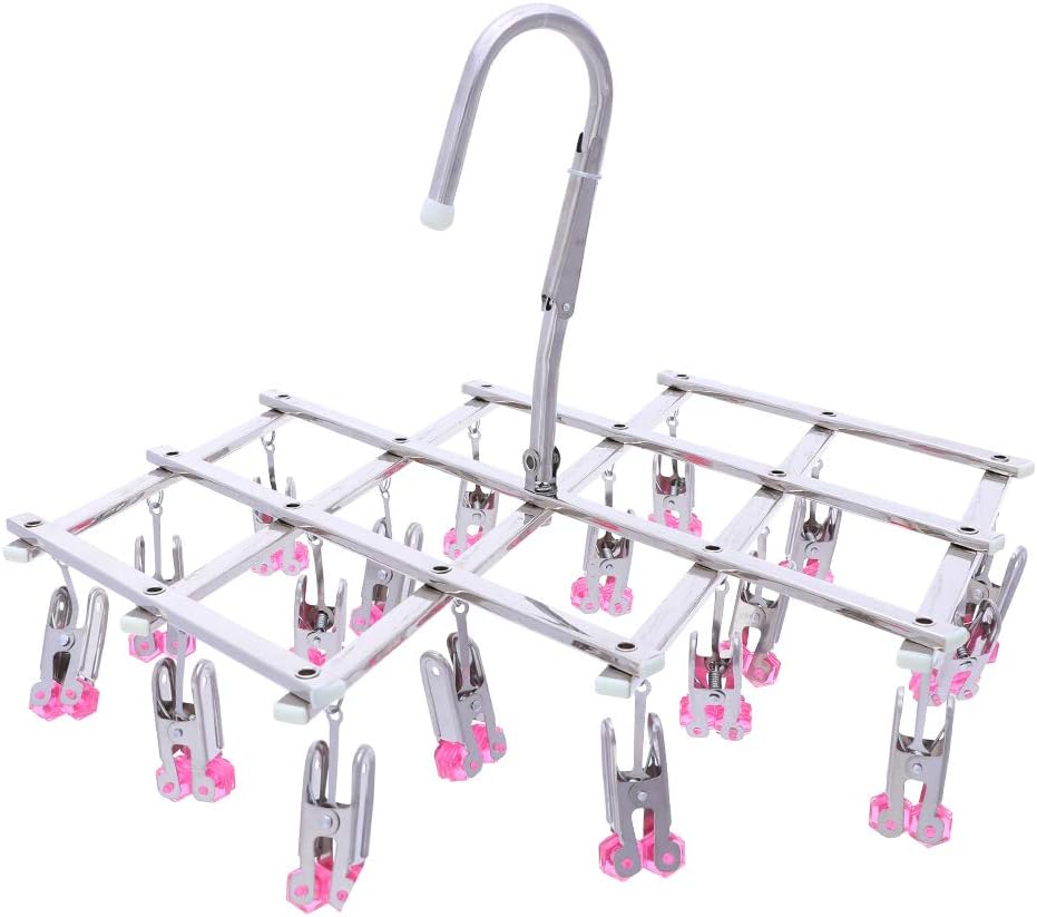 Drying Hanger, Hanging Drying Rack, Drip Hanger Stainless Steel with 18 Pegs for Laundry Underwear Socks, Quickly Remove Clothes from Hanger, Windproof, Folding Portable, (Red)