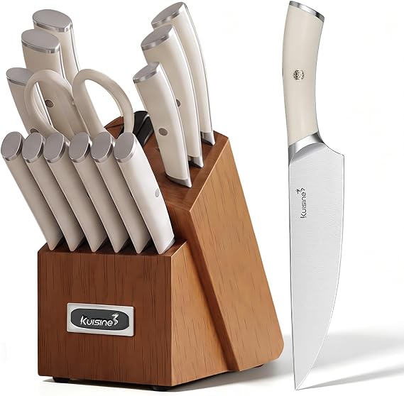 Kuisine Kitchen Knife Set,High Carbon Stainless Steel Ultra Sharp Blade Ergonomic Handle,Knife Block Set with Built-in Sharpener,Elegant Gift for Holiday(Irovy-Acacia,15PCS)