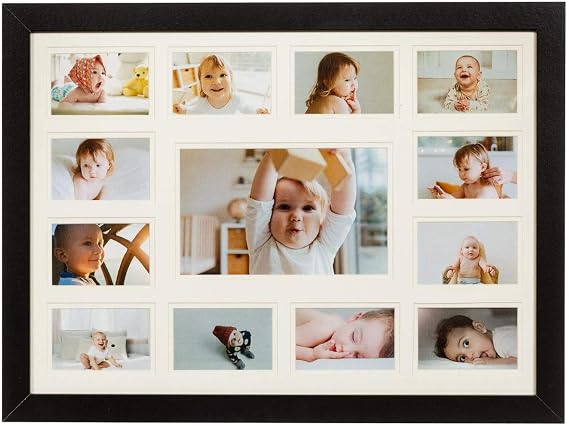 WOOD SIDE ORBIS 13 Opening Collage Picture Frame K-12 with Double White Mat - Displays One 4x6 and Twelve Wallet Size 2.5x3.5 - Wall Mounting, Landscape, Portrait - Black