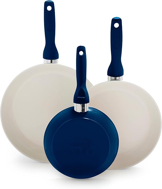 GreenPan Rio Hard Anodized Healthy Ceramic Nonstick, 7" 9.5" and 11" 3 Piece Frying Pan Skillet Set, Soft Grip Handle, PFAS-Free, Dishwasher Safe, Oven Safe, Oxford Blue
