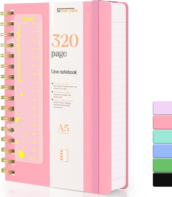 Smarpau A5 Spiral Notebook Lined Hardcover PVC Notebook Ring Binder Notepad with 320 Pages 100gsm Thick Paper Lined Journal for Women Men Work Office