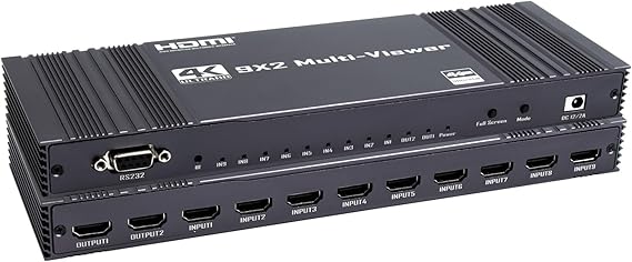 9x2 HDMI Multi-viewer switcher ，Seamless compatible Multiviewer,4K 30Hz HDMI 9 Screen Real Time Multi Viewer Screen Splitter 9 in 2 out Switch Adapter Support RS232