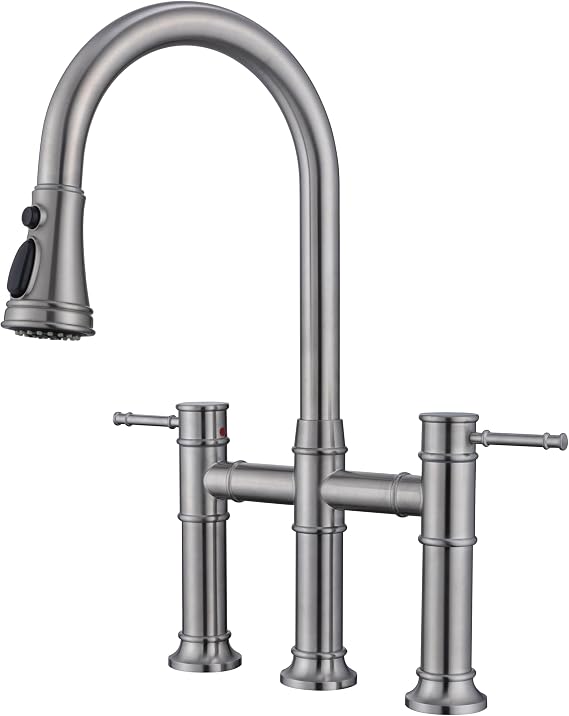 Bridge Kitchen Faucet with Pull Down Sprayer - 3-Hole Stainless Steel Construction, 8 Inch Centerset Two-Handle Design, 360 Swivel Spout for Kitchen Sinks Brushed Nickel