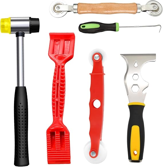 6 PCS Window Glazing Tool Kit, Glazing Tools 16-in-1 Steel Scraper Ruber Hamme Red Window Roller Rubber Strip Shovel Spline Roller Tool Spline Removal Hook for Windows Doors