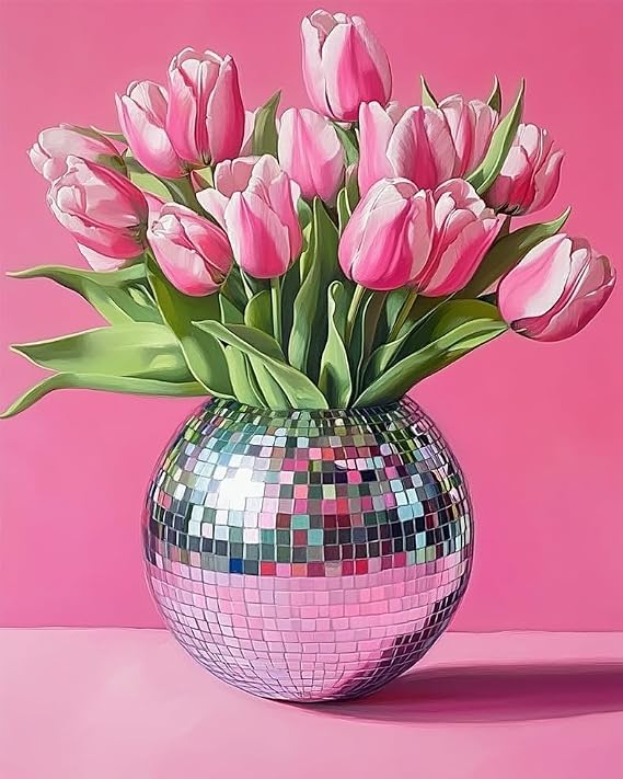 Pink Tulips Painting by Numbers Kits 16x20 inch Canvas Disco Ball Vase Pattern DIY Oil Painting for Kids, Adults Beginners with Brushes Acrylic Pigment Flowers Drawings Gift (without Frame)