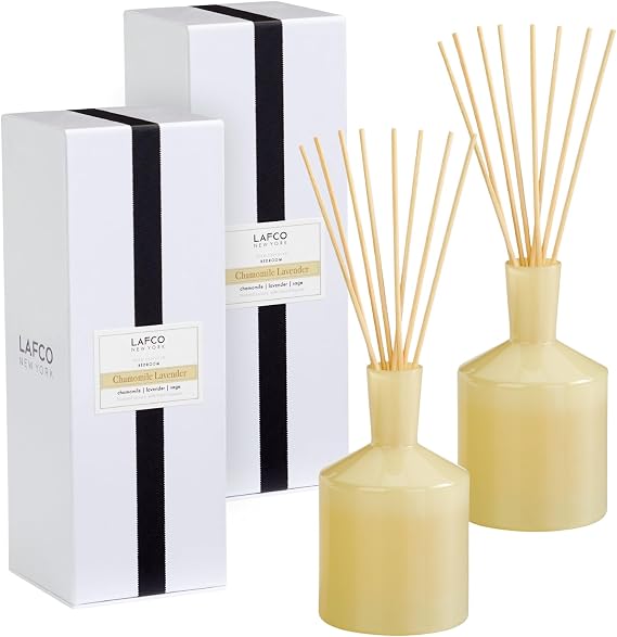 LAFCO New York Classic Reed Diffuser, Chamomile Lavender - 6 oz, Pack of 2 - Up to 3 Months Fragrance Life - Reusable, Hand Blown Glass Vessel - Natural Wood Reeds - Made in the USA