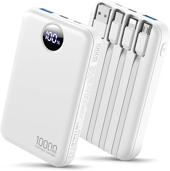 Portable Charger 10000mAh with 4 Built-in Cables 40% Smaller