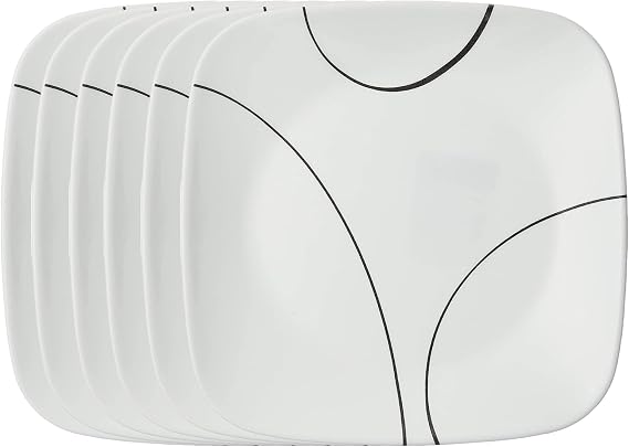 Corelle Vitrelle 6-Piece Salad Plate Set, Triple Layer Glass and Chip Resistant, Lightweight Square 8-1/2-Inch Plates Set, Simple Lines