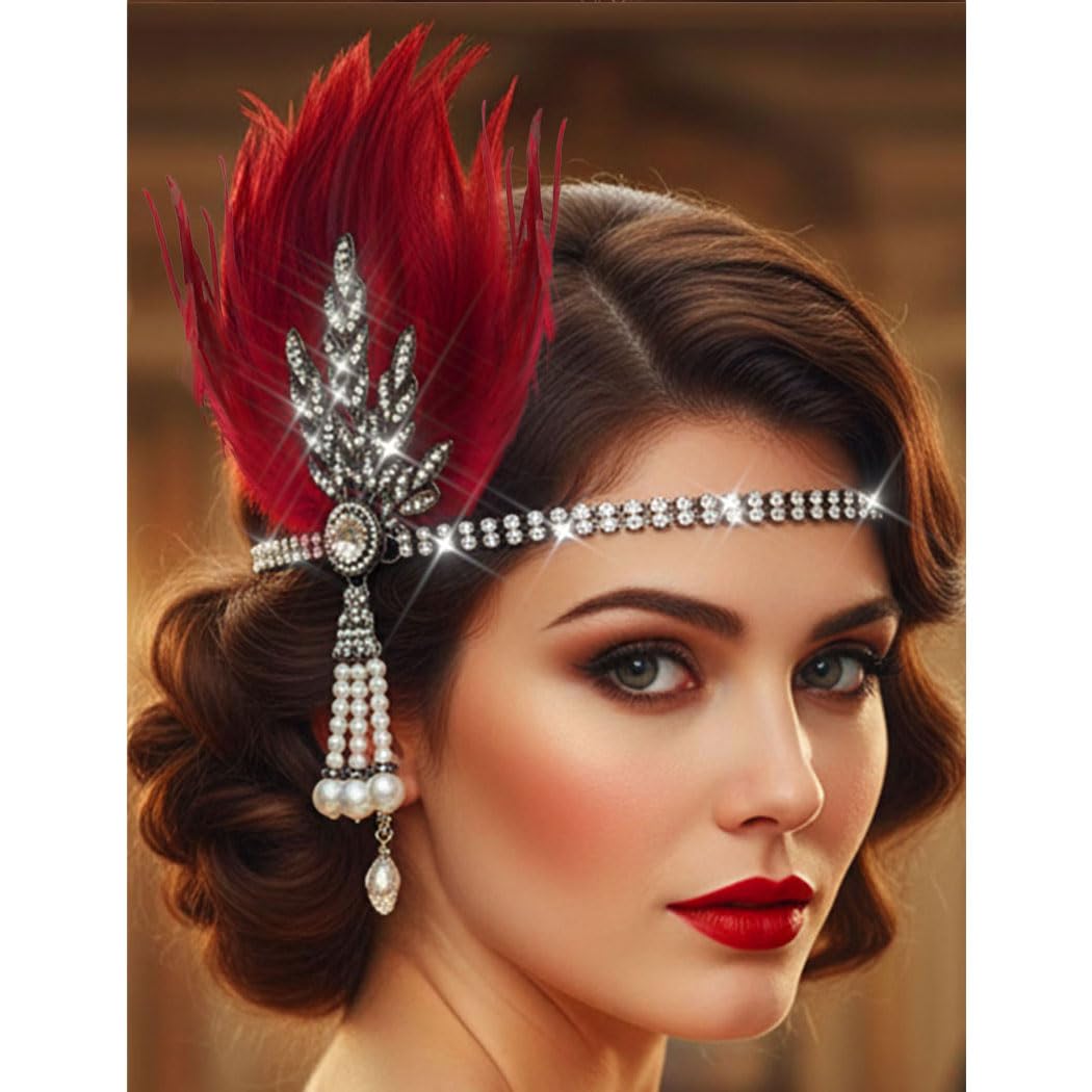 Aukmla 1920s Flapper Feather Headband Leaf Rhinestones Headpiece Pearl Roaring 20s Headdress Hair Accessories for Women Red, One Size