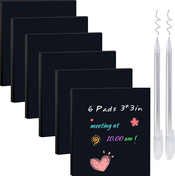 Black Sticky Notes, 3"x3" Post It Notes with 2 Metallic Pens, 6 Pads, Self-Stick Notes Pads Sticky Notes Bulk for School Home Hospital Office Supplies
