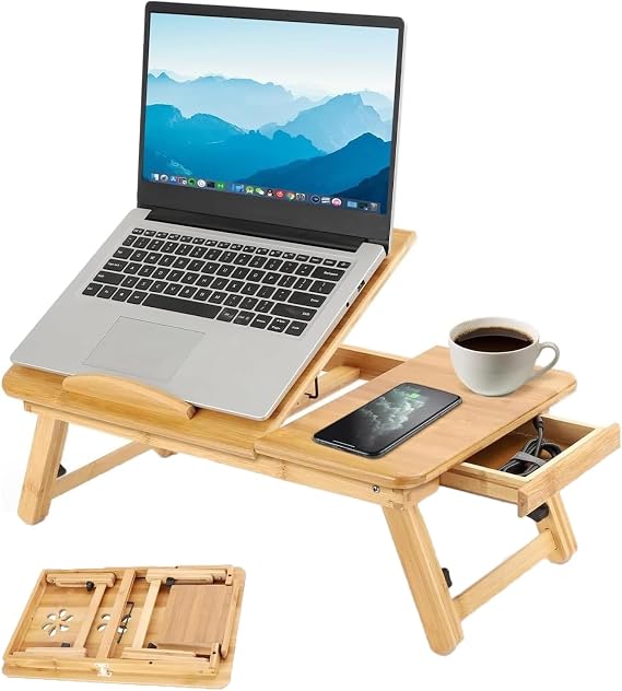 Bamboo Laptop Bed Table with Drawer - Foldable Bed Desk, Wooden Computer Stand for Home Office, Adjustable Height Tray with Anti-Slip Baffle, Natural