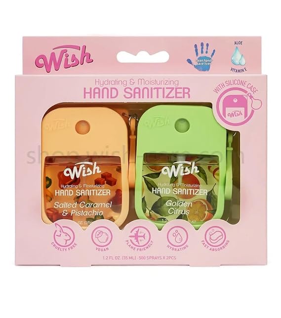 Wish Hand Sanitizer Spary Travel Size Spray 2-Pack Gift Box 1.2 FL OZ (35ML) Each,Dragonfruit, Coconut Cream, Salted Caramel, Golden Citrus, Black Plum,Sweet Guava Hydrating and Moisturizing, (2)