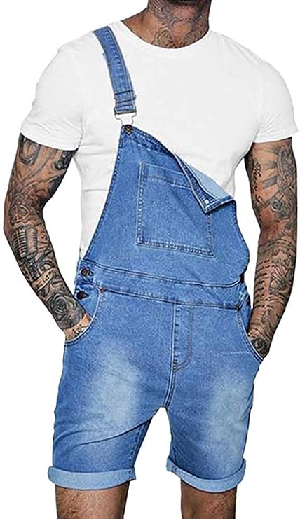 Runcati Mens Denim Shorts Bib Overall Jean Romper Casual Loose Fit Walkshort Button Pockets Summer Jumpersuit