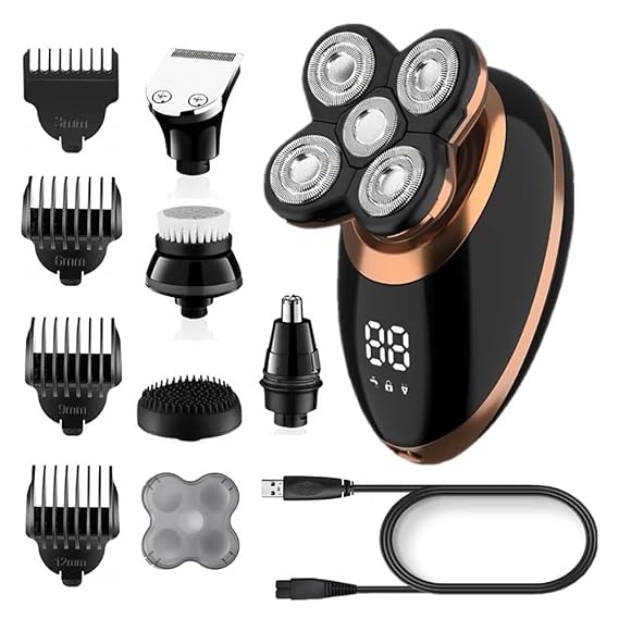 Head Shavers for Bald Men, 5 in 1 Wet Dry Electric Shaver for Men Beard Hair Trimmer Electric Razor Rechargeable Bald Shaving Machine LCD Display Grooming Kit