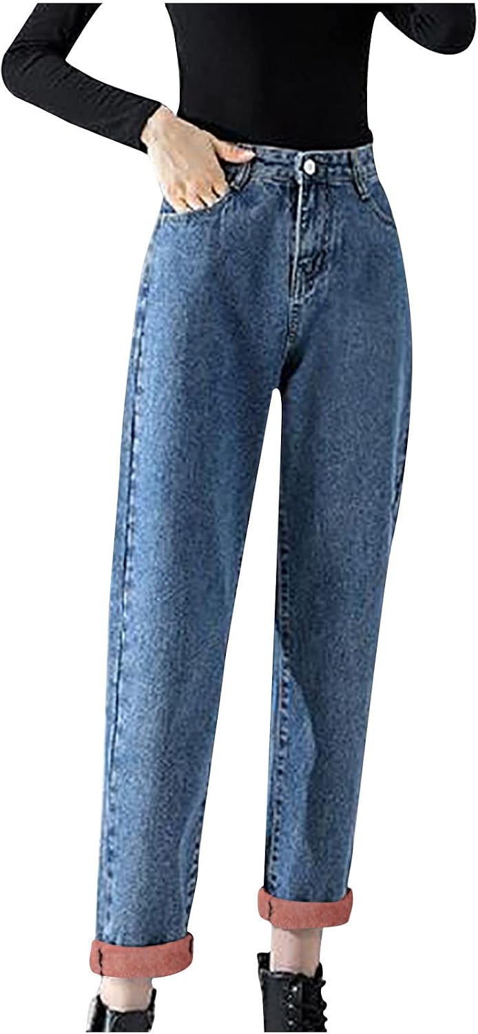 Women's Fleece Lined Jeans Lounge Trendy Baggy Denim Pants Straight Fit Winter Keep Warm Trousers