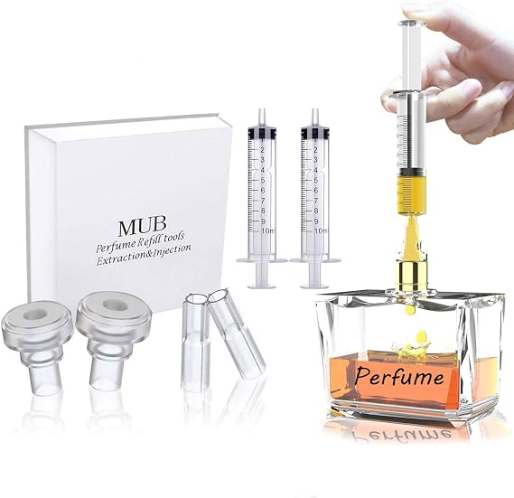 MUB 10ml Perfume Refill Pump Tools, Perfume Decanter Kit Dispenser with Adapter Tools for Perfumes Transfer, Plastic Perfume Extractor Syringe Refill Tool for Cologne, with 2 Syringes and 4 Adapters