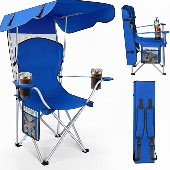 Portable Folding Camping Chairs with Canopy Shade, Beach Chair for Adults, Durable Weather Resistant 600D Oxford Cloth, Camping Chair with Canopy for Outdoors [Blue]