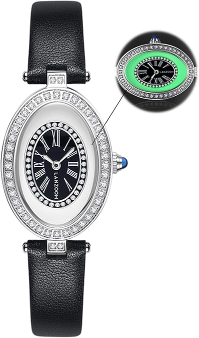 LANZOOM Women's Quartz Watch, Silver Oval Diamond Watch,Roman Numerals Black Inner Dial with Luminous Diamond-Encrusted Outer Dial, Black Leather Strap,3ATM Water Resistance