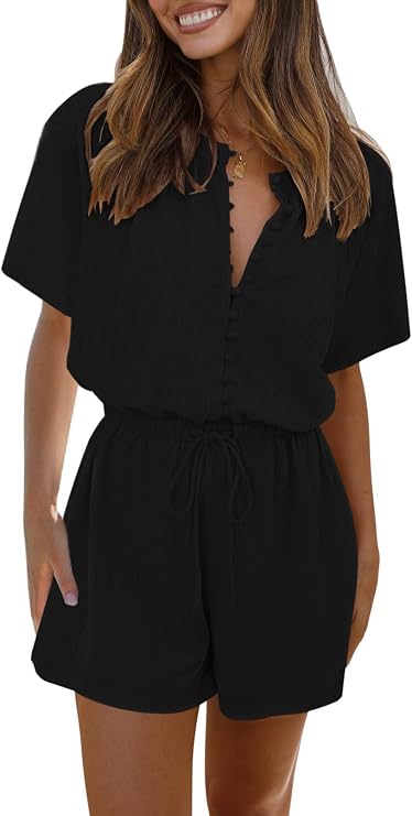 Fixmatti Short Sleeve Romper One Piece Button Up Jumpsuits for Women Summer Shorts Rompers