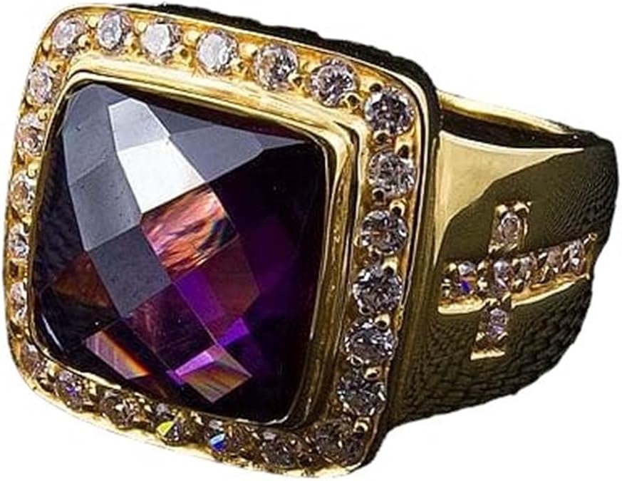 Diamond Cross Amethyst Yellow Gold Mens Bishop Ring