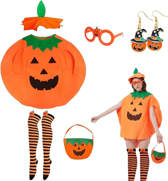Ryfpdml 6 PCS Halloween Pumpkin Costume Adults Women, Pumpkin Adults Fancy Dress, Womens Halloween Outfits with Pumpkin hat Socks Hand Bag Glasses Earrings (C)