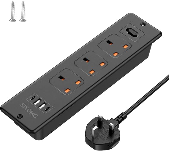 Recessed Power Socket with USB C, Flush-Mount Desk Power Outlet with 2 USB-A and 2 USB-C Ports, 1.8M Desk-Friendly Power Extension Lead with 3 AC Sockets, for Tables & Desks
