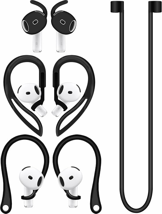 A-Focus Anti-Slip Set for AirPods 4 Silicone Adjustable Ear Hook Ergonomic Design Wings Wingtip Ear Hooks Tips Strap Sport Earbuds Accessories Eartip Compatible with AirPods 4th Black