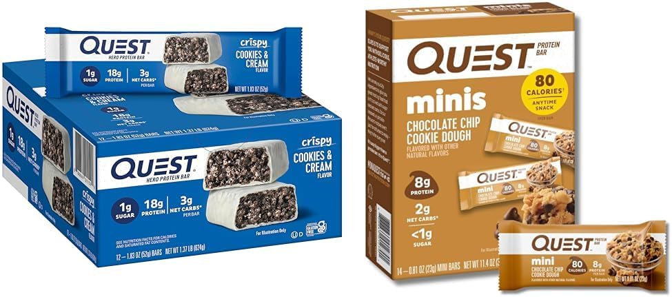 Quest Cookies & Cream and Chocolate Chip Cookie Dough Protein Bars, 18g and 8g Protein, 1g Sugar, Gluten Free, 12 and 14 Count