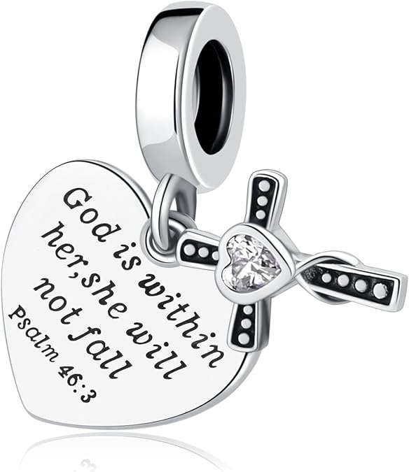 925 Sterling Silver Christian Bible Verse Cross Charm Fit Pandora Charms Bracelet God Has You In His Arms Prayer Faith Religious Jewelry Gifts for Women