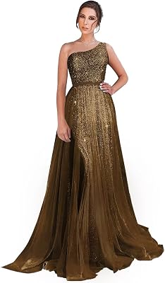 yinyyinhs One Shoulder Sequin Prom Dresses for Women 2025 Long Tulle A-Line Formal Ball Gowns Sparkly Evening Dress with Slit
