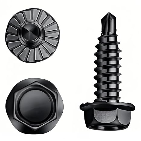 #14 x 3/4" Black Serrated Hex Washer Head Self-Drilling Screws, Zinc Plated Tek Screws with #2 Drill Point, Metal Fasteners for Black Garage Door Hinges & Roofing, 25 Pack