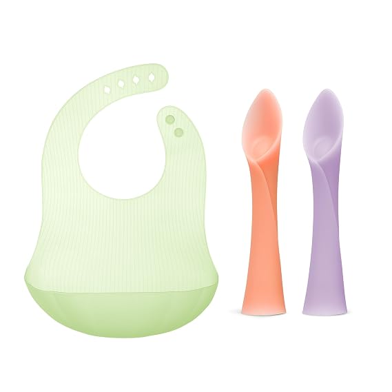 Olababy Training Spoon Set (Coral/Lilac) + Fold N Go Silicone Baby Bib w Travel Case (Kiwi)