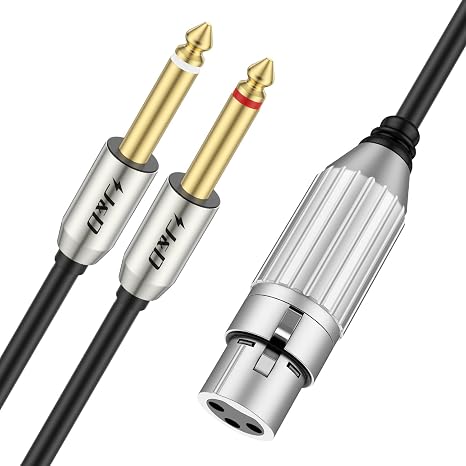 J&D XLR Female to Dual 1/4 Inch TS Cable, XLR to 6.35mm TS Mono Plug Stereo Audio Y Splitter with Gold Plated Connectors and Nylon Braid for Microphones, Audio Interfaces, Studio Equipment, 2 m