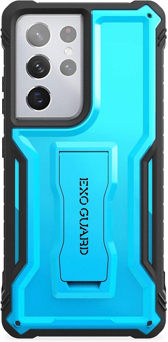 ExoGuard Case for Samsung Galaxy S21 Ultra 5G Phone, Rubber Shockproof Full Body Cover Case Built-in Kickstand (Blue)