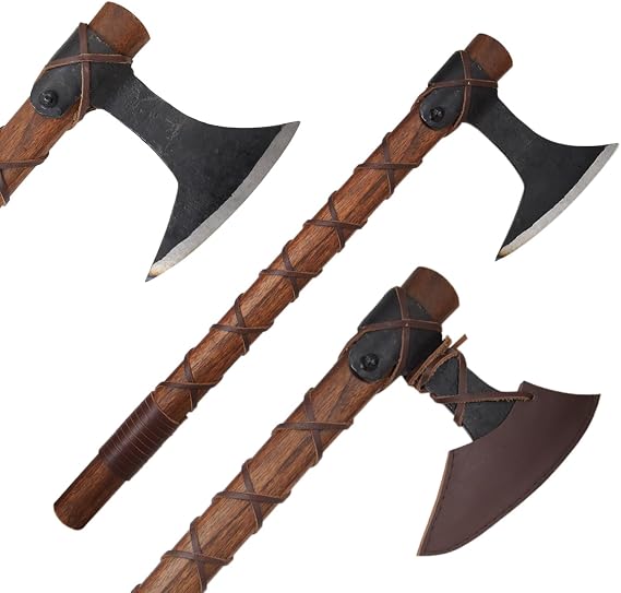 Medieval Warrior Traditional Viking Hand-Axe Hand-Forged Style Bearded Blade with Leather Cross-Strap Grip