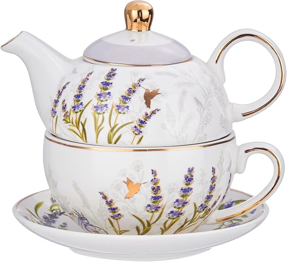 Tea for One Set, Teapot for One and Cup Set, Tea Set for One, Floral Teapot, Tea Set for Gift, Women, Lavender (White Background)