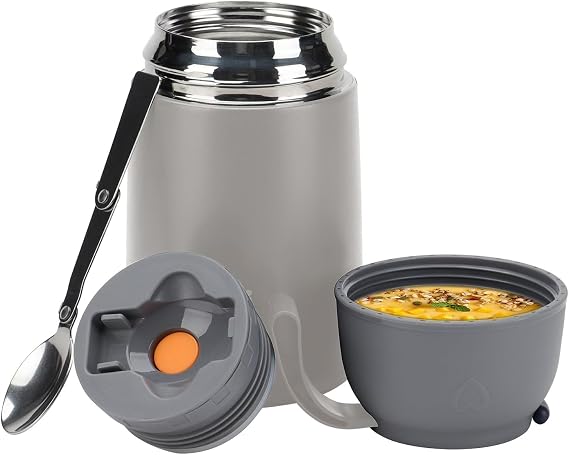 Insulated Food Flask 630 ml – Stainless Steel Thermal Soup Flask with Spoon, Leakproof Hot Food Jar for School, Work & Travel – Keeps Food Hot 12h / Cold 24h – BPA‑Free Wide Mouth - Grey