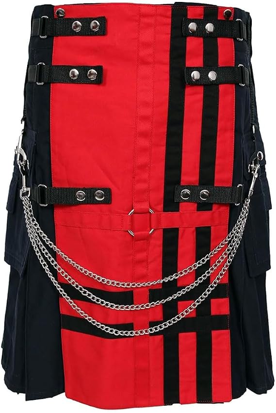 Deluxe Utility Kilt, Modern Hybrid Scottish Kilt Traditional Fashion Kilts with Chain 100% Cotton (Black & Red, 48)
