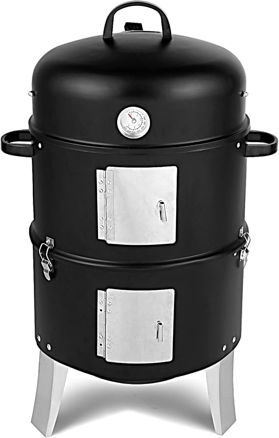 Dorill 3-In-1 Vertical Charcoal Grill Smoker, 16.5" Cylindrial Steel 2 Layer Smoker Grill with Hooks and Built in Thermometer, With Drawers and Adjustable Ventilation
