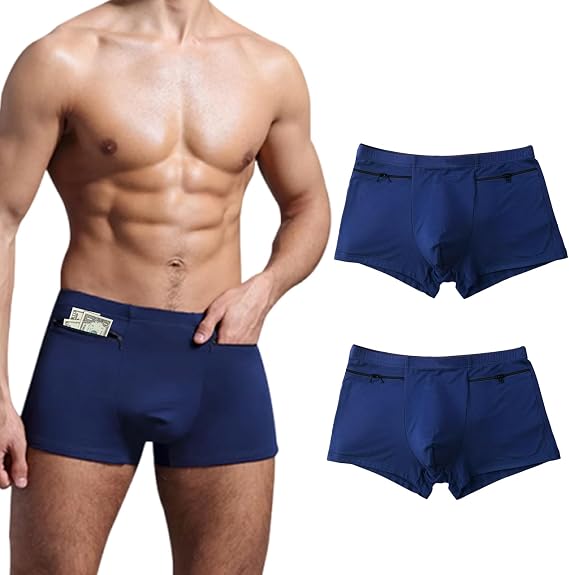 Pocket Underwear for Men 2 Pack, Men's Boxer Briefs with two Stash Secret Pockets. (Blue)