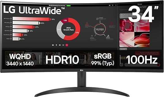 LG UltraWide™ 34WR50QK-B 34" Ultra Wide PC Monitor - VA Panel QHD (3440 x 1440), 5ms GtG 100Hz, HDR 10, sRGB 90% (CIE1931), Tilt, Portrait Mode