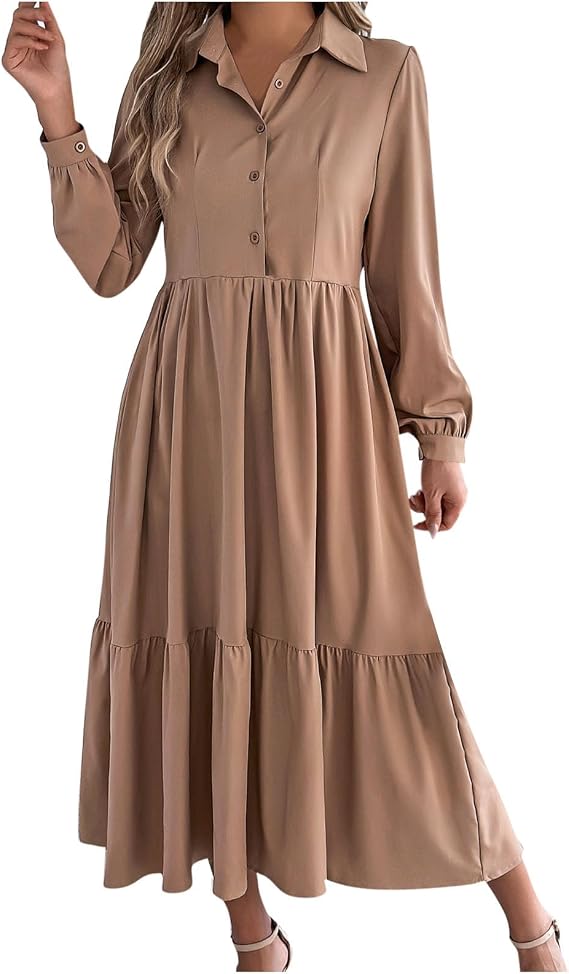 Fall Midi Dresses for Women Casual Long Sleeve Collared Button Up High Waist Flowy Pleated Tiered A Line Shirt Dress