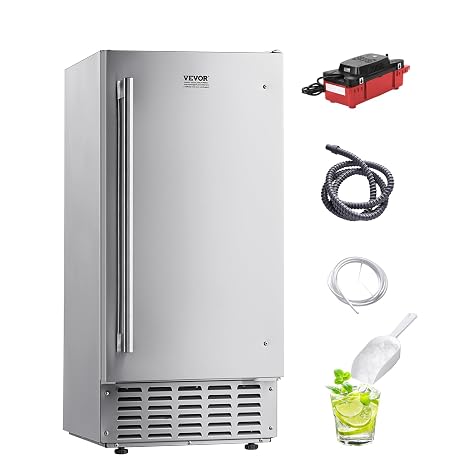 VEVOR Under Counter Ice Maker, 66 Lbs/Day Under Counter Nugget Ice Makers Machine with Drain Pump, Reversible Door, 18 Lbs Storage, Stainless Steel Freestanding Ice Maker for Commercial Home Kitchen